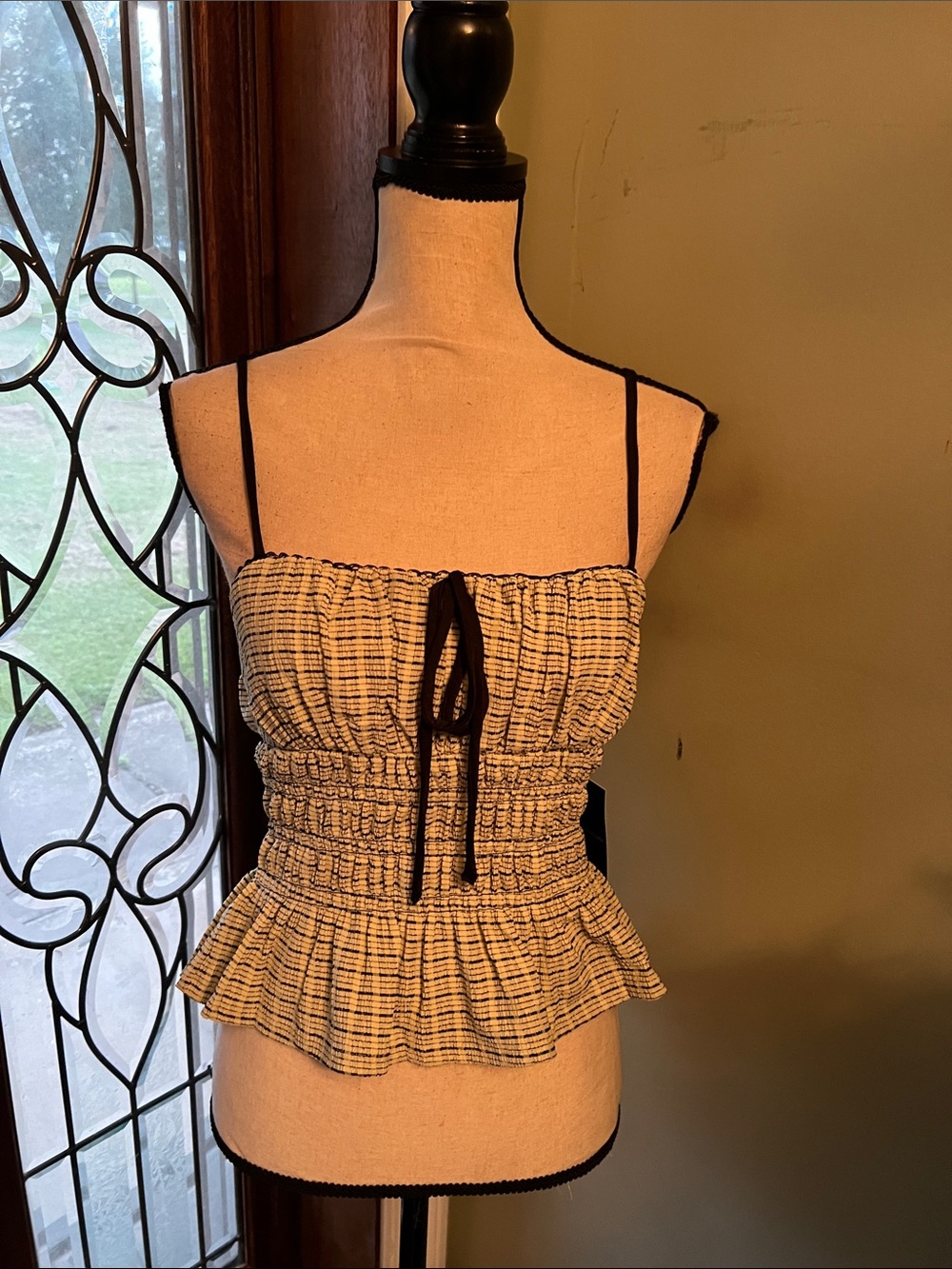 Striped Smocked Peplum Cami Top with Tie - Black & Cream